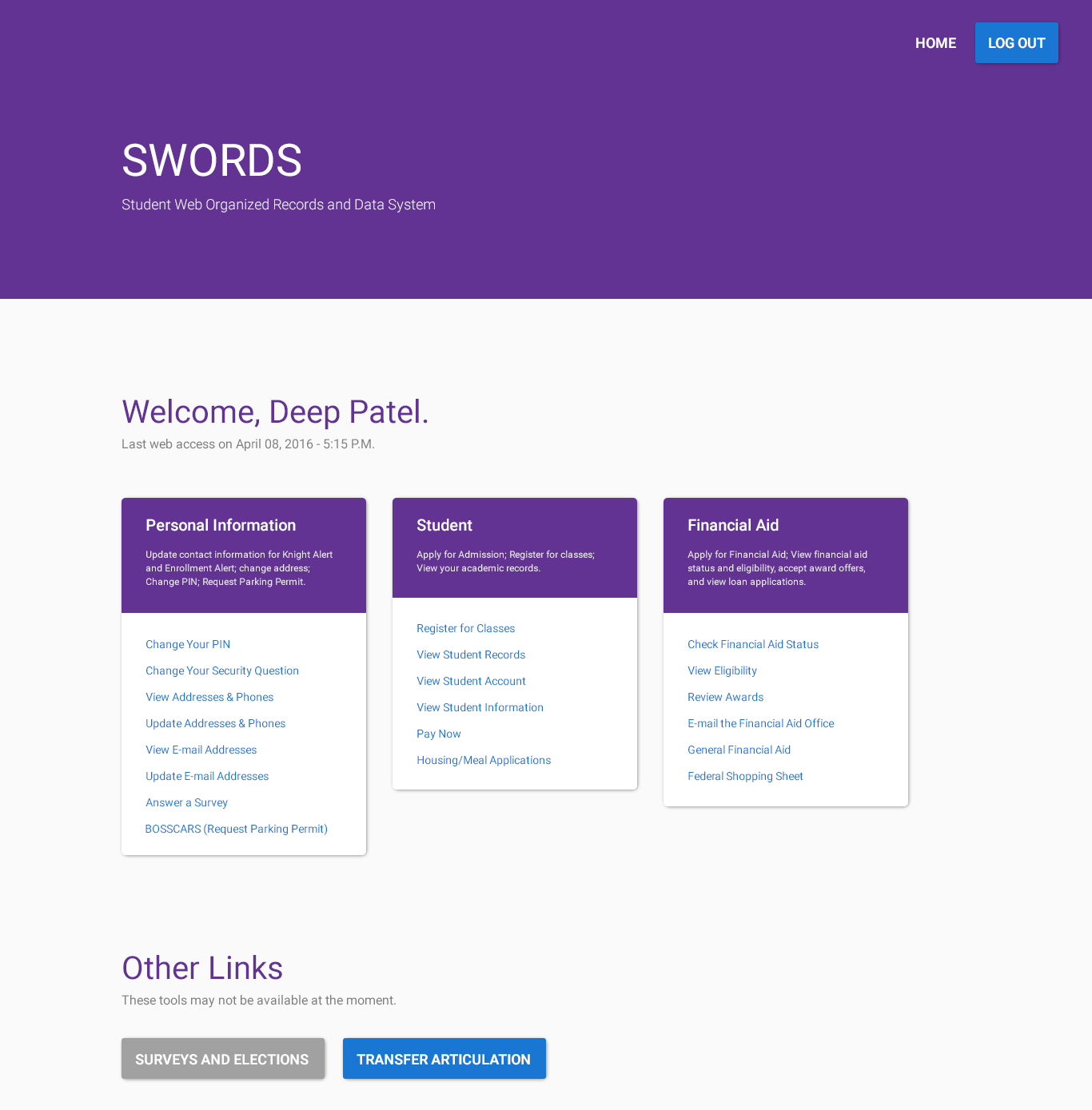 The dashboard interface