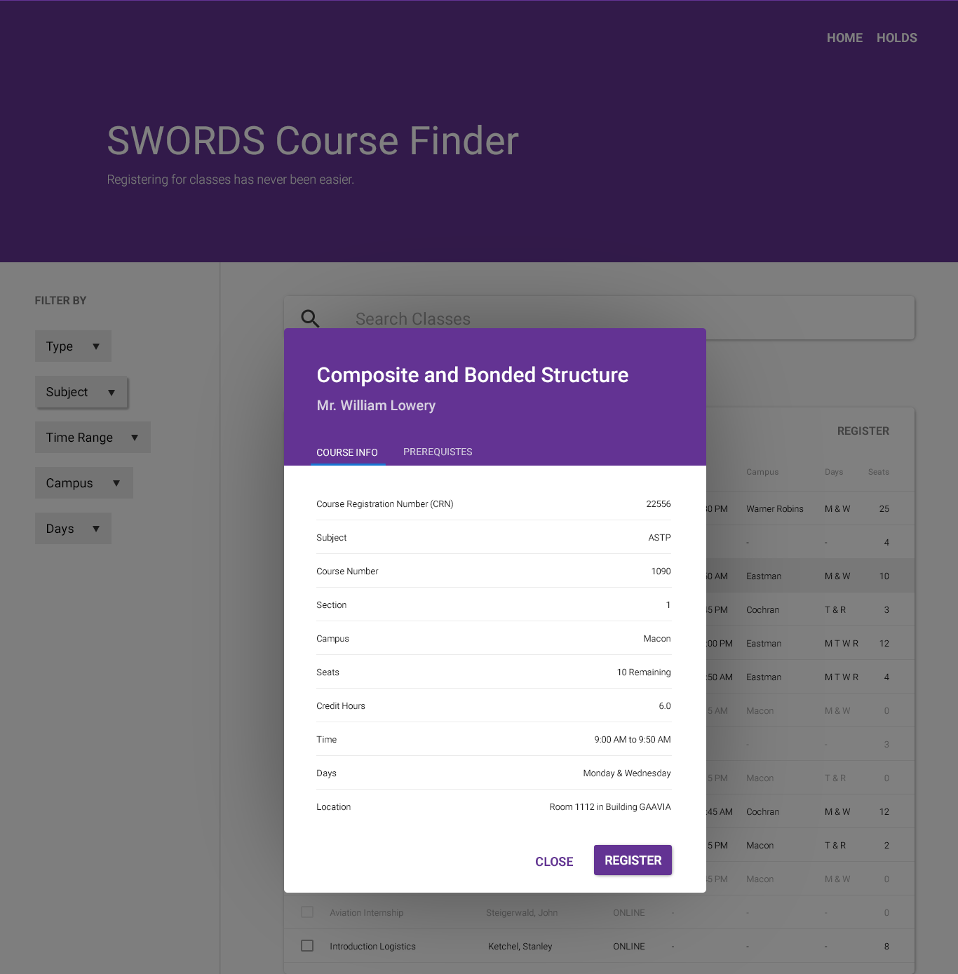 The class details modal